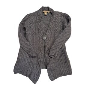 Inis Crafts Ireland Merino Wool Cable Knit Button Cardigan Sweater Grey Medium